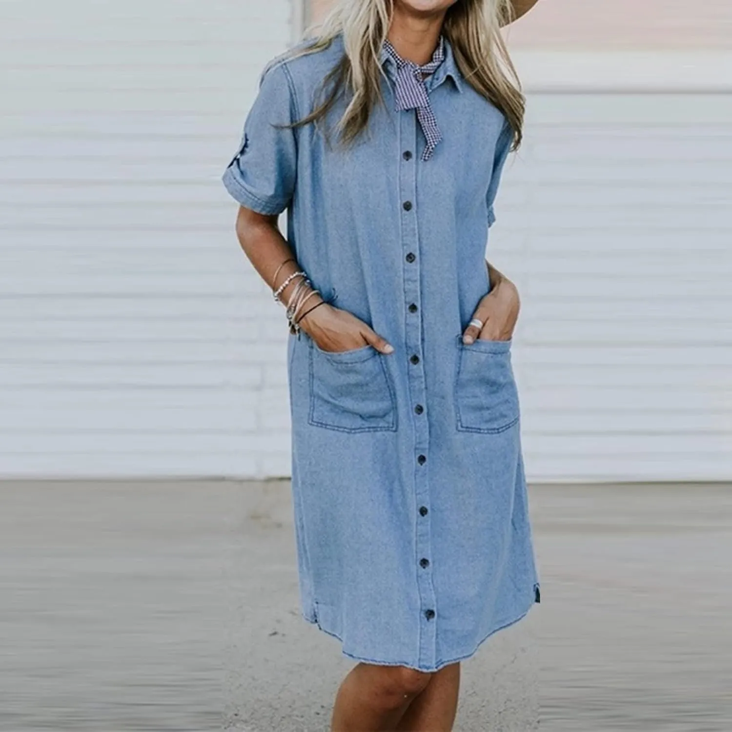 Womens Shirt Dress Summer Casual with Sleeves Sundresses Button Down Trendy Beach Cover Up Tunic Dresses with Pockets