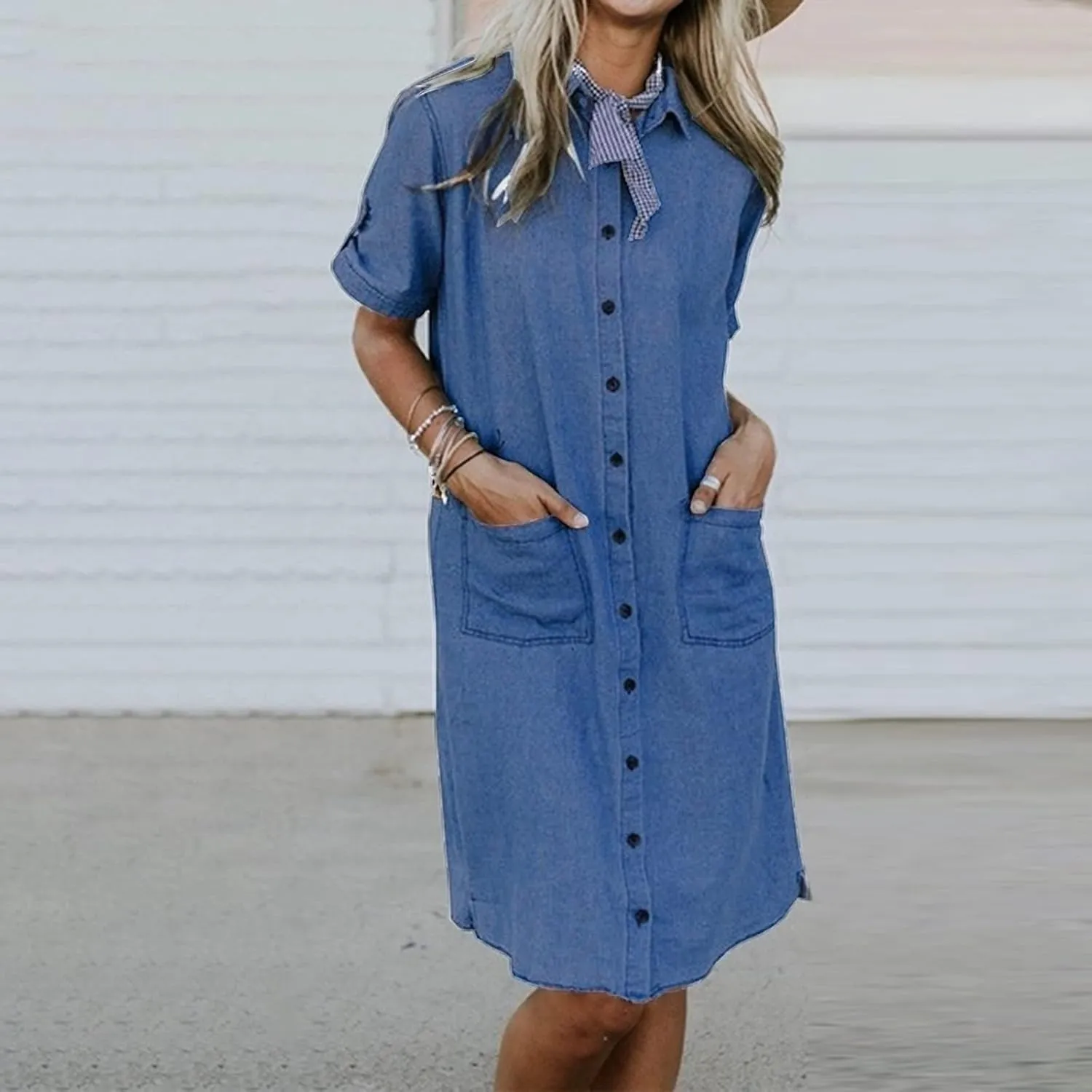 Womens Shirt Dress Summer Casual with Sleeves Sundresses Button Down Trendy Beach Cover Up Tunic Dresses with Pockets