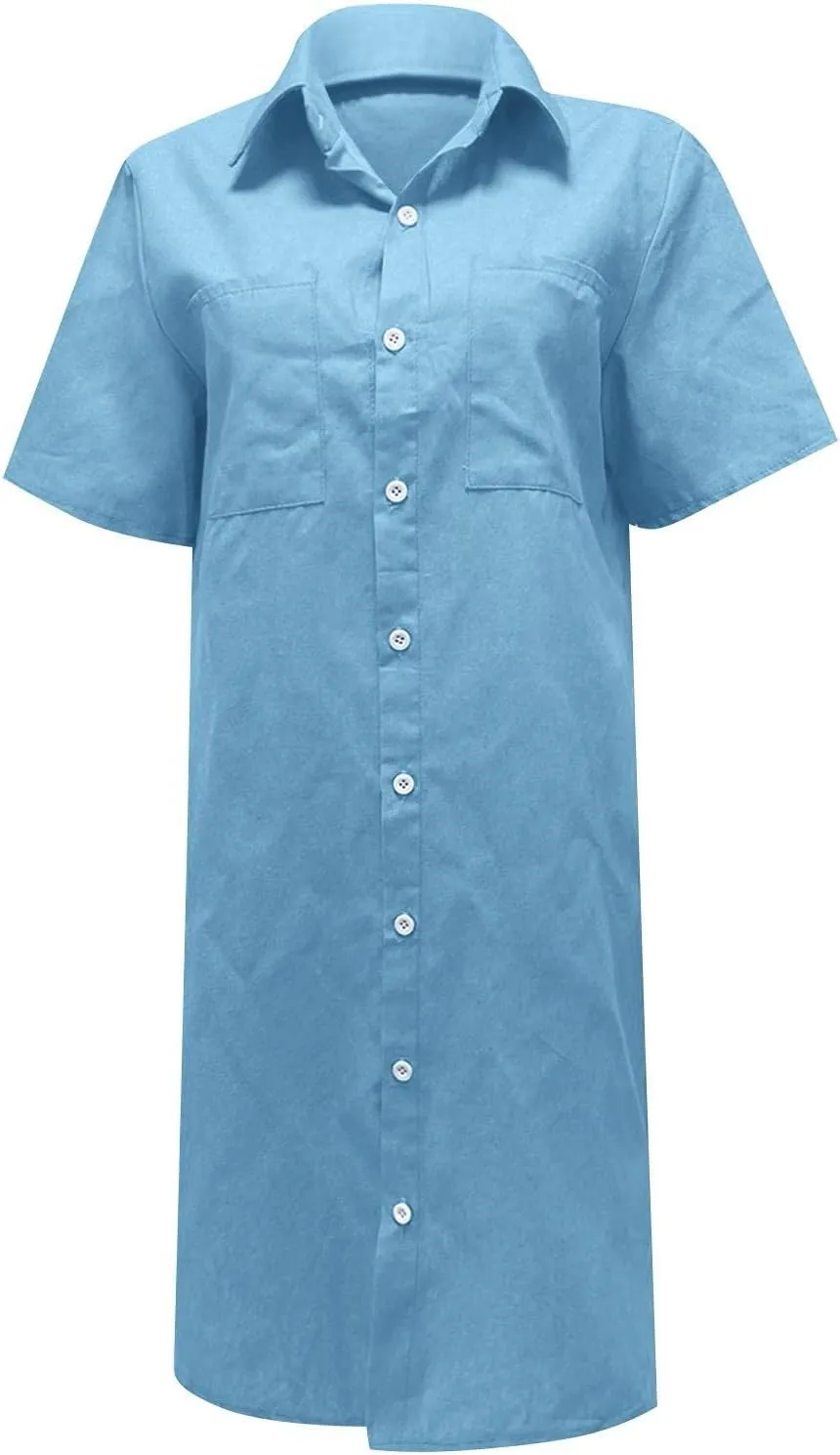 Womens Shirt Dress Summer Casual with Sleeves Sundresses Button Down Trendy Beach Cover Up Tunic Dresses with Pockets