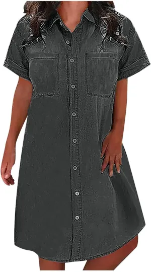 Womens Shirt Dress Summer Casual with Sleeves Sundresses Button Down Trendy Beach Cover Up Tunic Dresses with Pockets