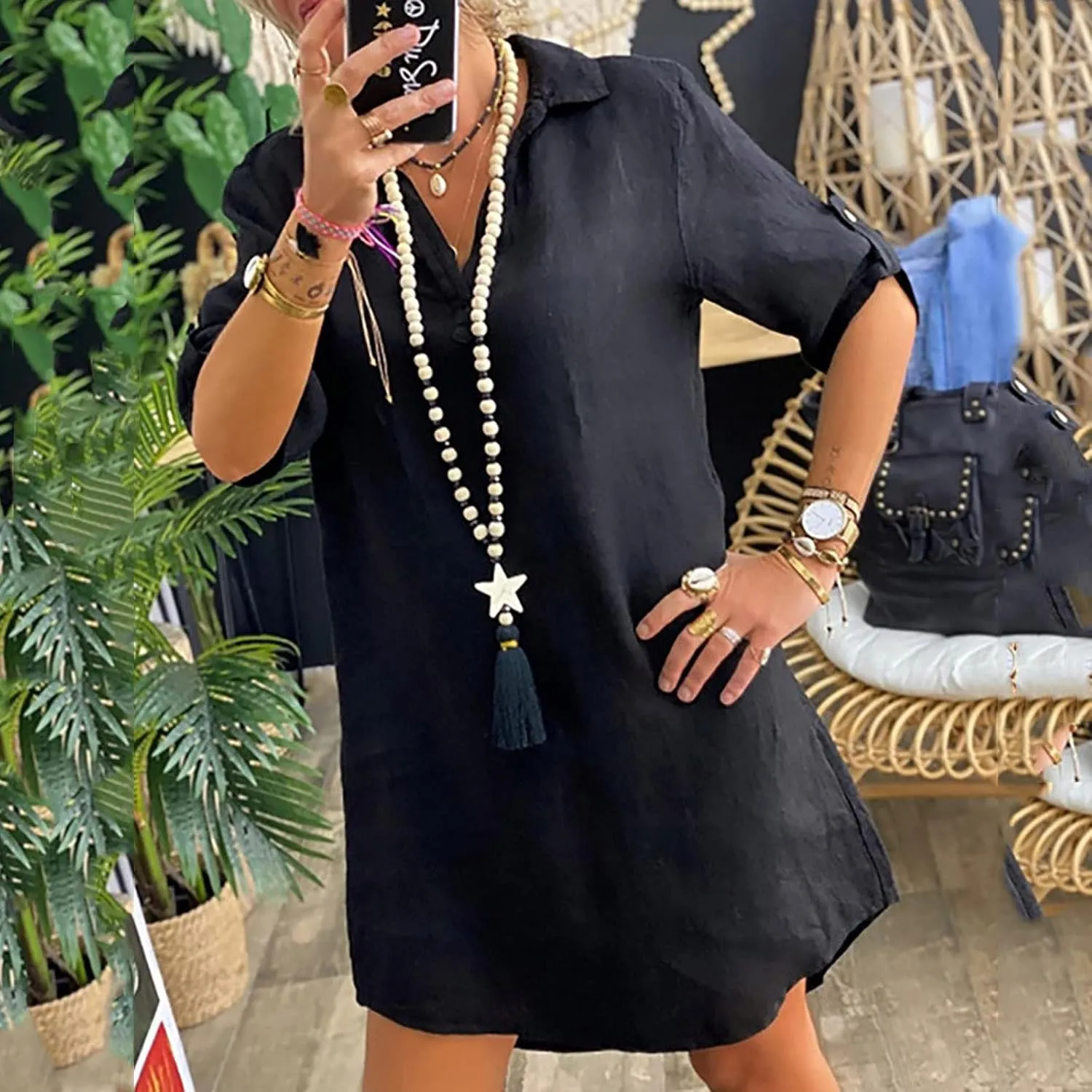 Womens Shirt Dress Summer Casual with Sleeves Sundresses Button Down Trendy Beach Cover Up Tunic Dresses with Pockets