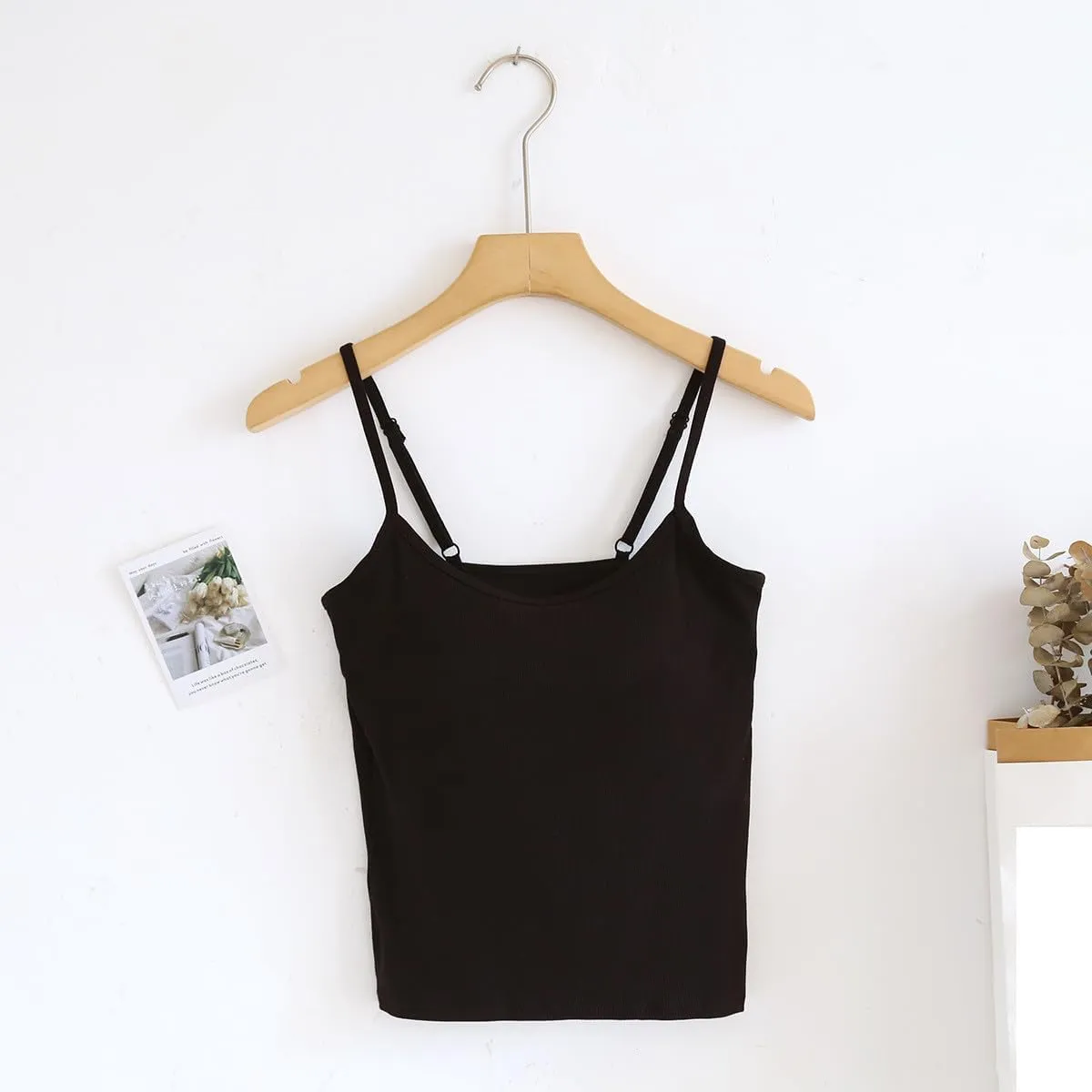 Womens Short Camisole with Built in Bra Modal Crop Tops Adjustable Spaghetti Strap Tank Tops