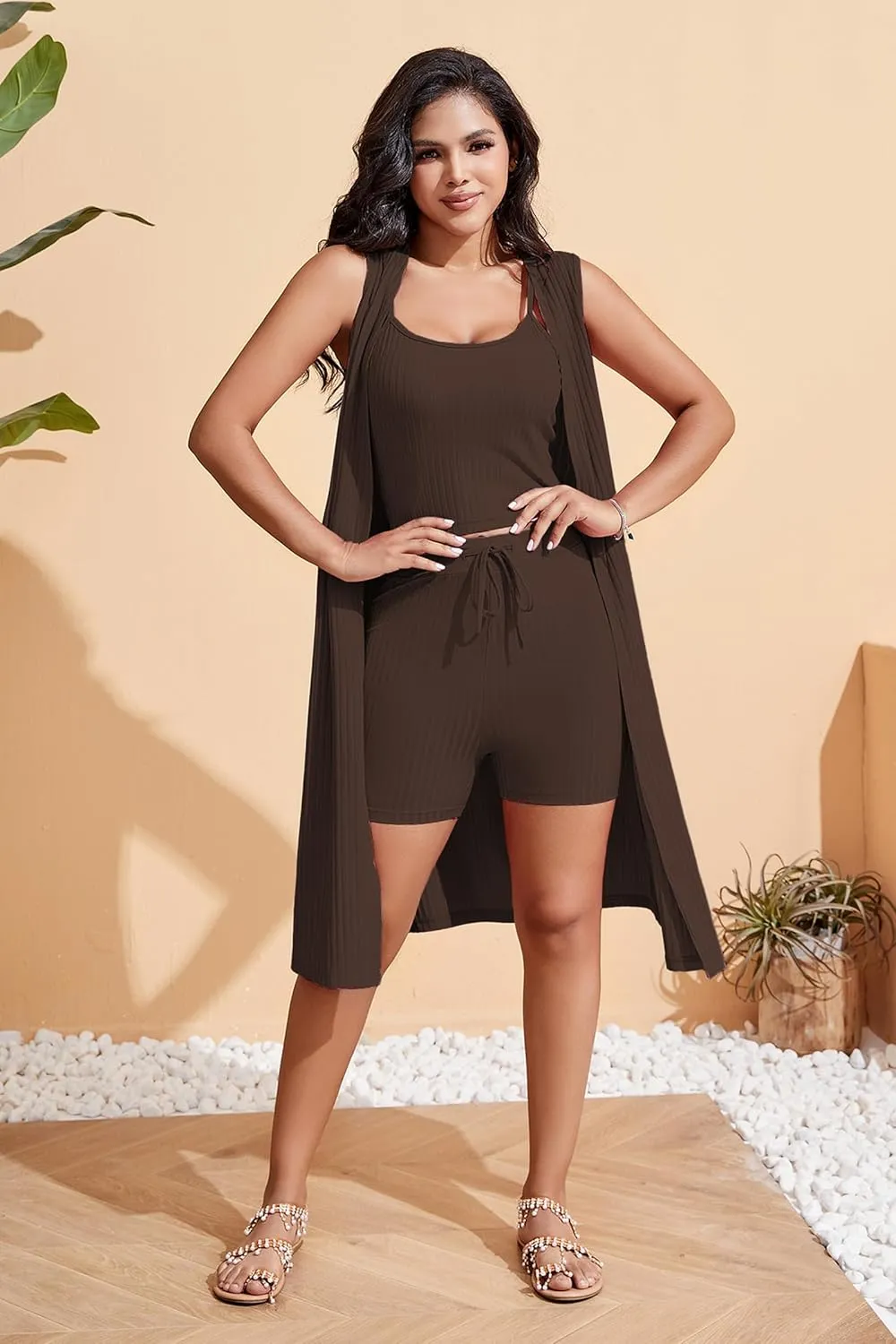Womens Shorts Set 3 Piece Lounge Outfits Set Ribbed Long Cardigan Crop Tank Casual Sets