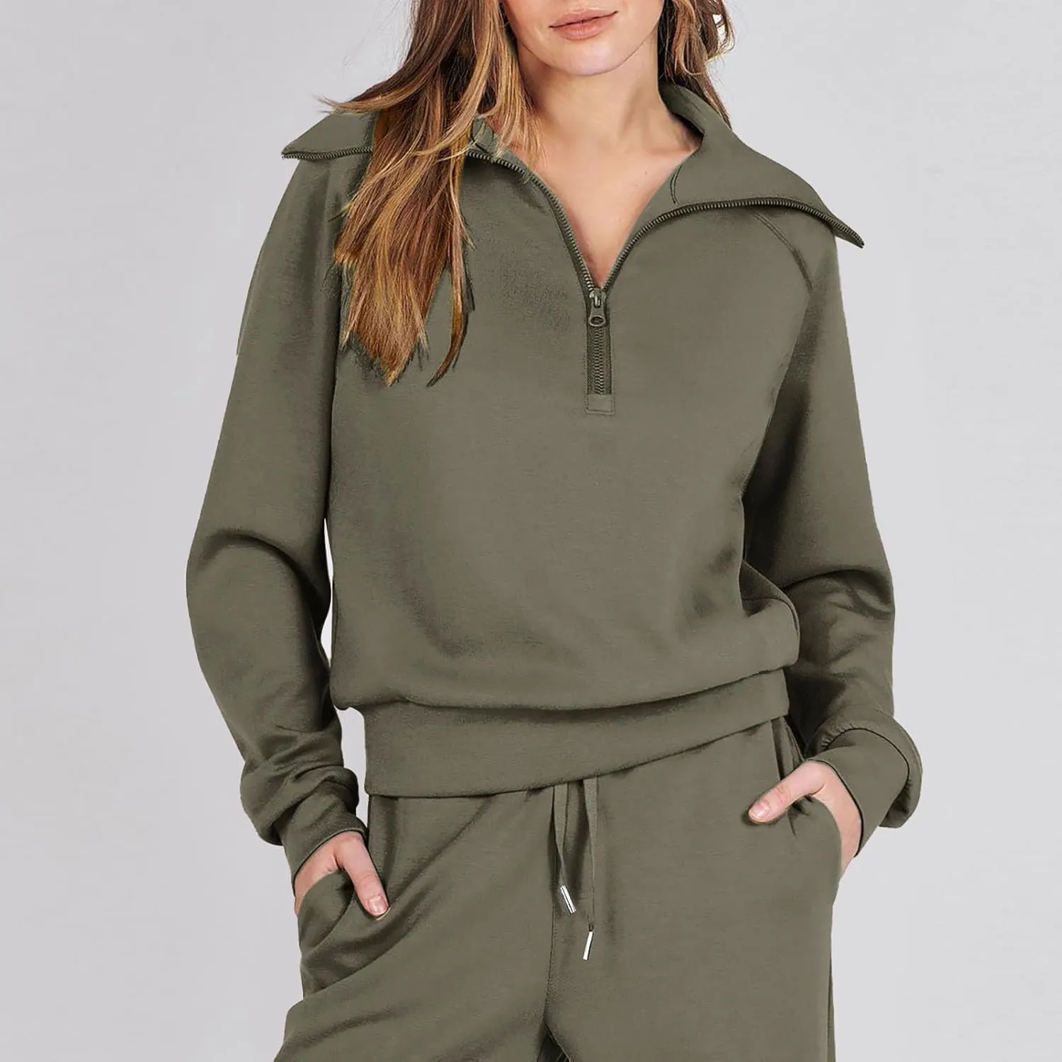 Womens Silk Satin Pajamas Set Women Two Outfits Sweatsuit Set Quarter Zip Oversized Sweatshirt Wide Leg Sweatpant