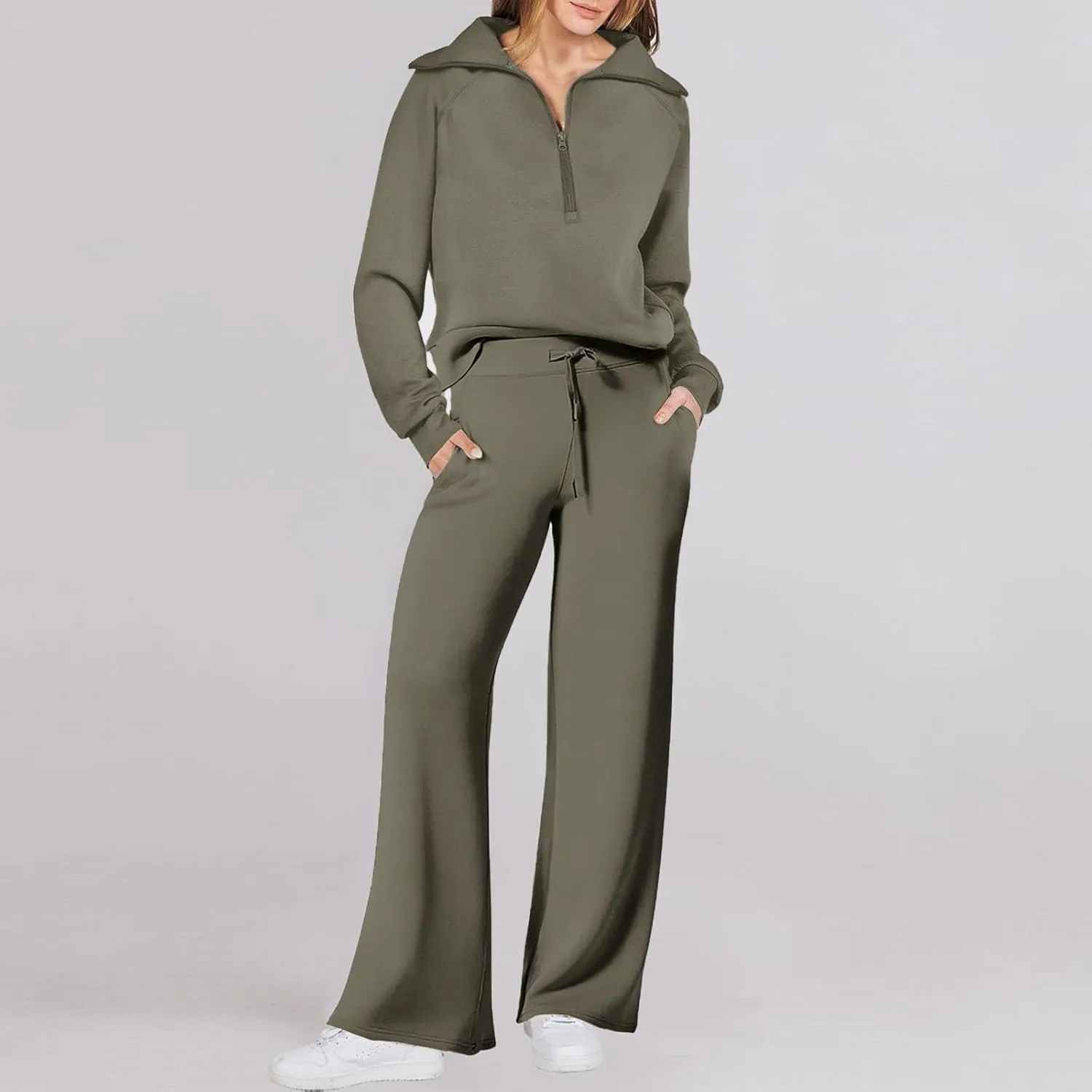 Womens Silk Satin Pajamas Set Women Two Outfits Sweatsuit Set Quarter Zip Oversized Sweatshirt Wide Leg Sweatpant