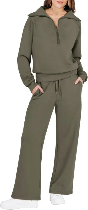 Womens Silk Satin Pajamas Set Women Two Outfits Sweatsuit Set Quarter Zip Oversized Sweatshirt Wide Leg Sweatpant