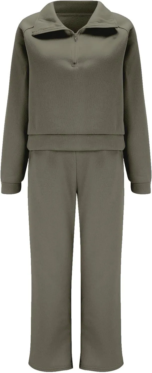 Womens Silk Satin Pajamas Set Women Two Outfits Sweatsuit Set Quarter Zip Oversized Sweatshirt Wide Leg Sweatpant