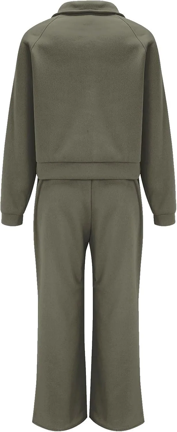 Womens Silk Satin Pajamas Set Women Two Outfits Sweatsuit Set Quarter Zip Oversized Sweatshirt Wide Leg Sweatpant
