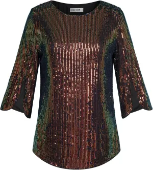 Women's Sparkle Sequin Party Blouse Tops Shimmer Glitter 3/4 Slit Sleeve Dressy Tops