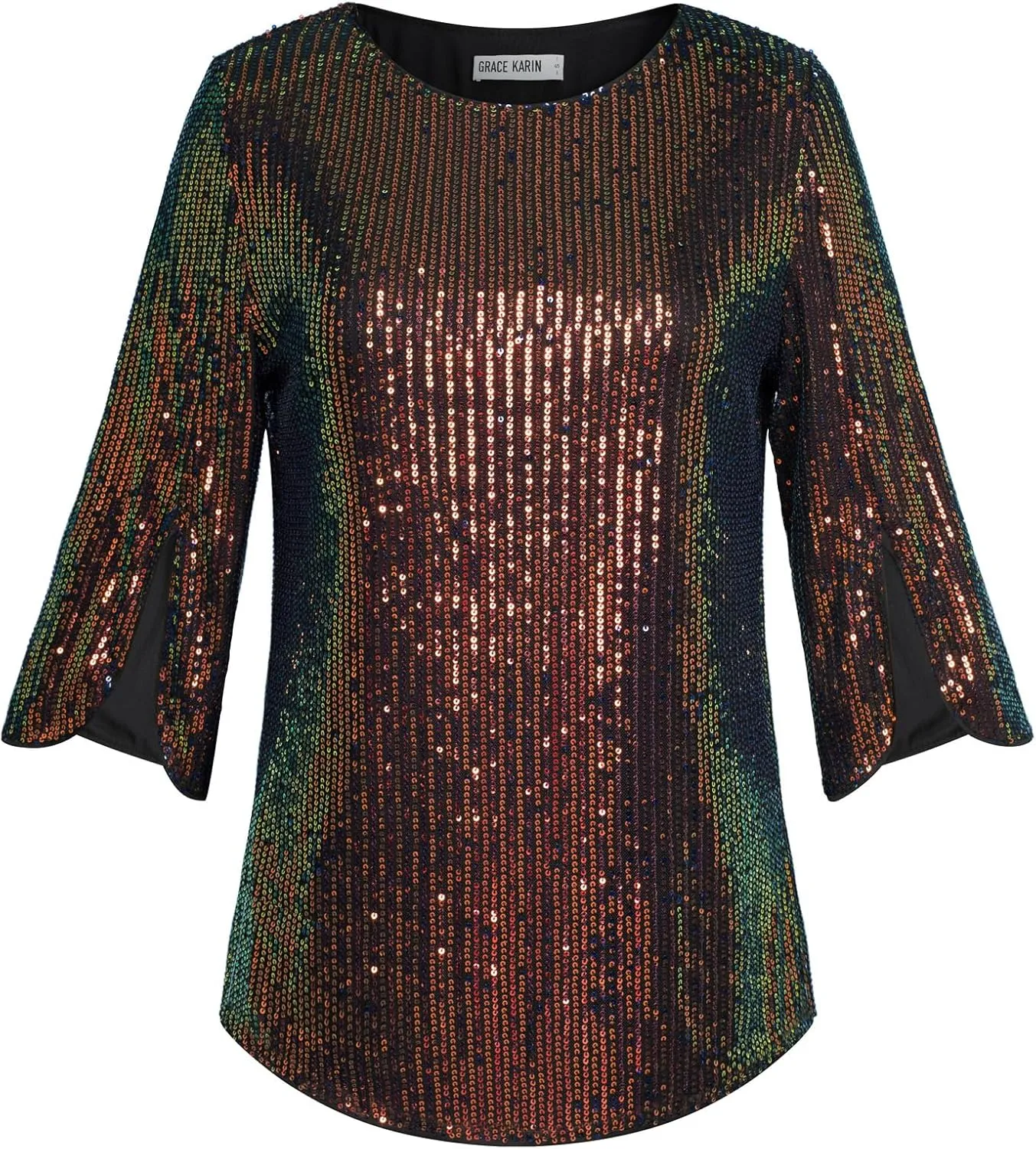 Women's Sparkle Sequin Party Blouse Tops Shimmer Glitter 3/4 Slit Sleeve Dressy Tops