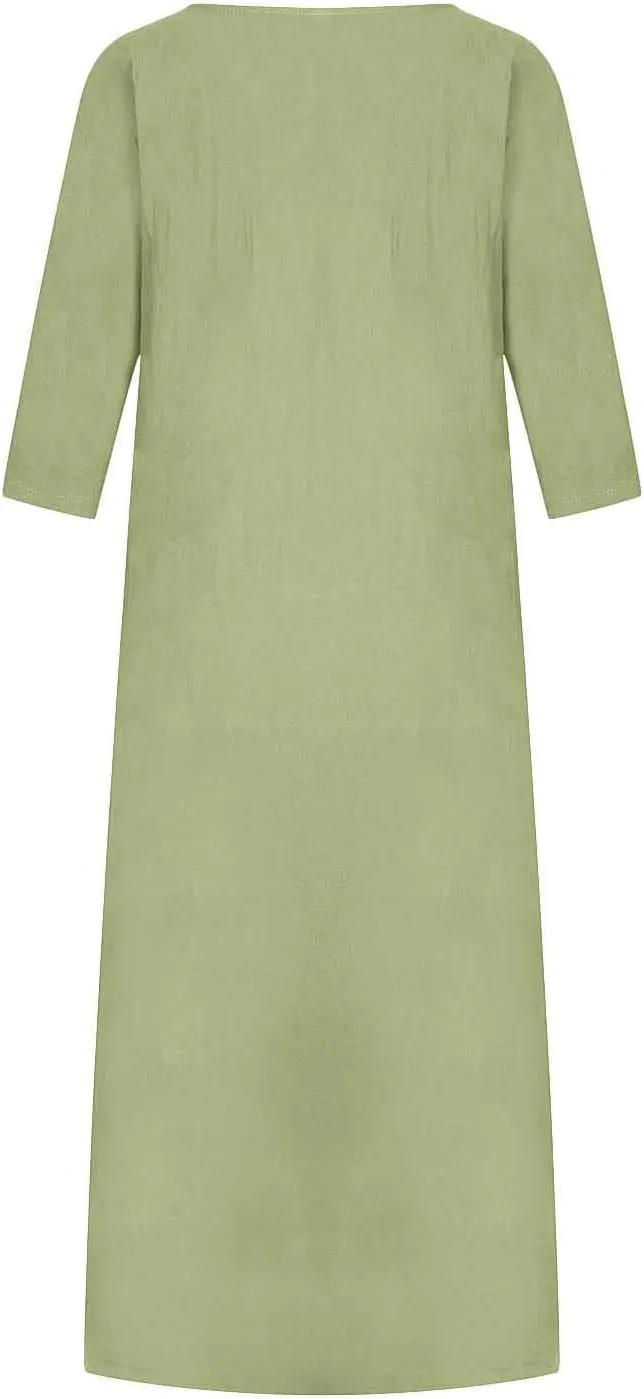 Women's Spring Cotton Linen Casual Loose Shift Tunic Dresses Summer Pleated Tassel Tie Long Sleeve Beach Tshirt Dress