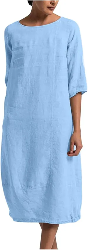 Women's Spring Cotton Linen Casual Loose Shift Tunic Dresses Summer Pleated Tassel Tie Long Sleeve Beach Tshirt Dress