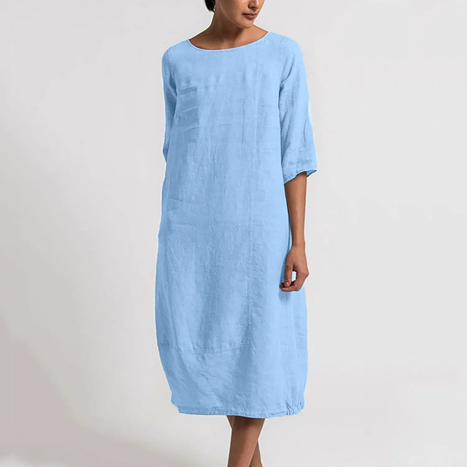 Women's Spring Cotton Linen Casual Loose Shift Tunic Dresses Summer Pleated Tassel Tie Long Sleeve Beach Tshirt Dress
