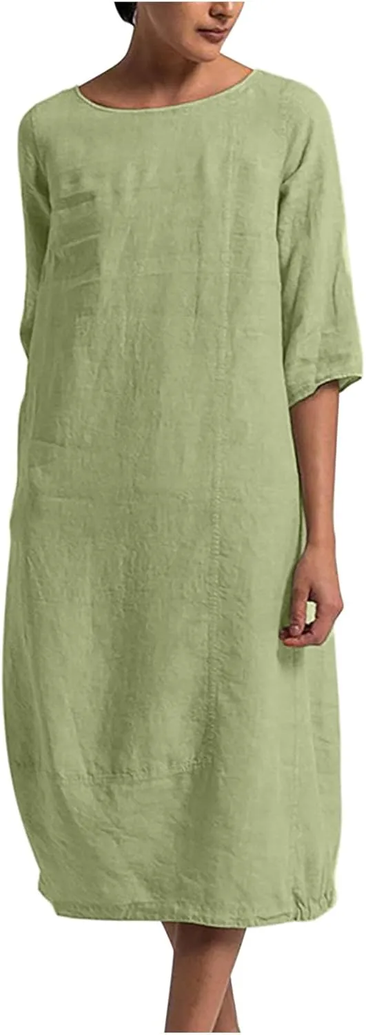 Women's Spring Cotton Linen Casual Loose Shift Tunic Dresses Summer Pleated Tassel Tie Long Sleeve Beach Tshirt Dress