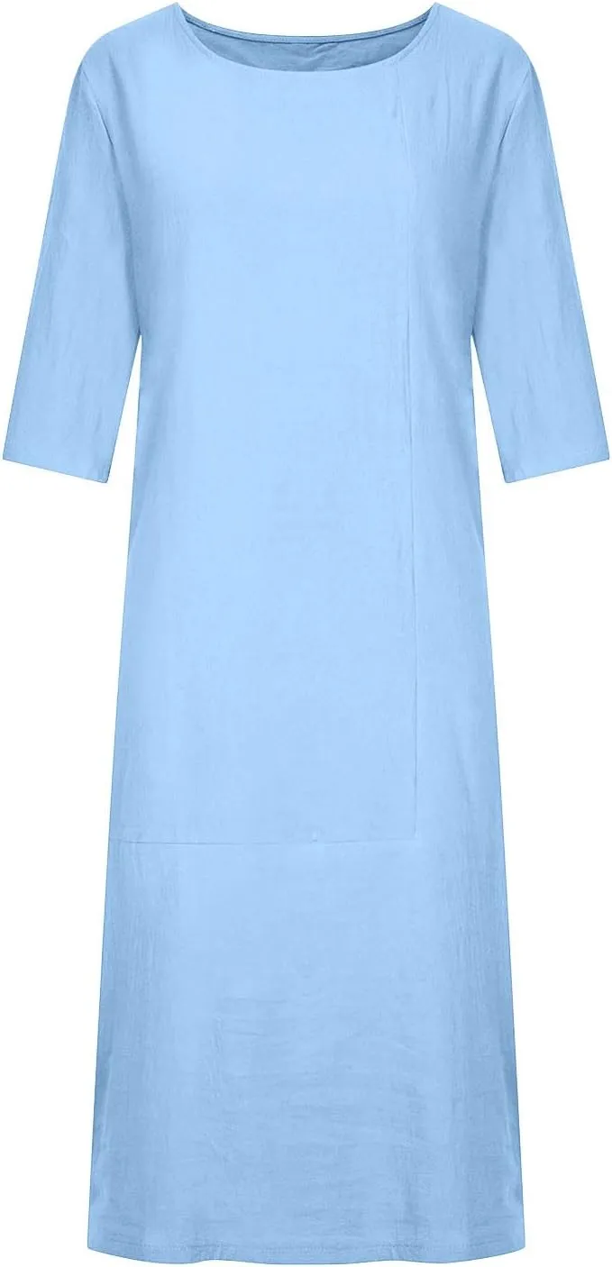 Women's Spring Cotton Linen Casual Loose Shift Tunic Dresses Summer Pleated Tassel Tie Long Sleeve Beach Tshirt Dress