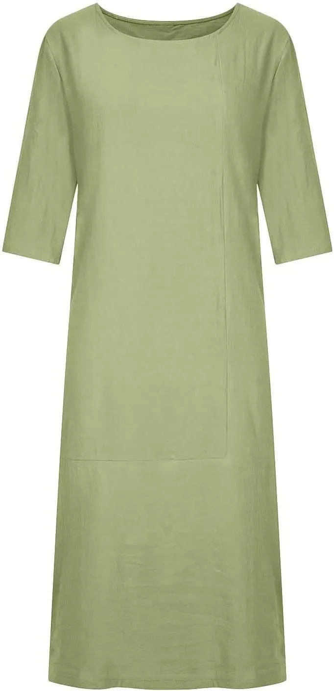 Women's Spring Cotton Linen Casual Loose Shift Tunic Dresses Summer Pleated Tassel Tie Long Sleeve Beach Tshirt Dress