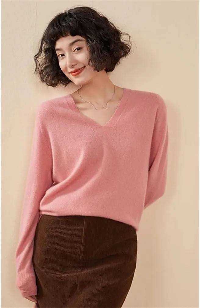 Women's Spring Winter Cashmere Sweater Casual Solid Knitted Sweater V-Neck Loose Tops