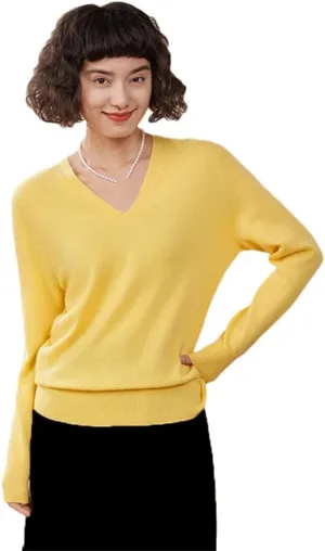 Women's Spring Winter Cashmere Sweater Casual Solid Knitted Sweater V-Neck Loose Tops