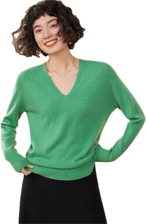 Women's Spring Winter Cashmere Sweater Casual Solid Knitted Sweater V-Neck Loose Tops