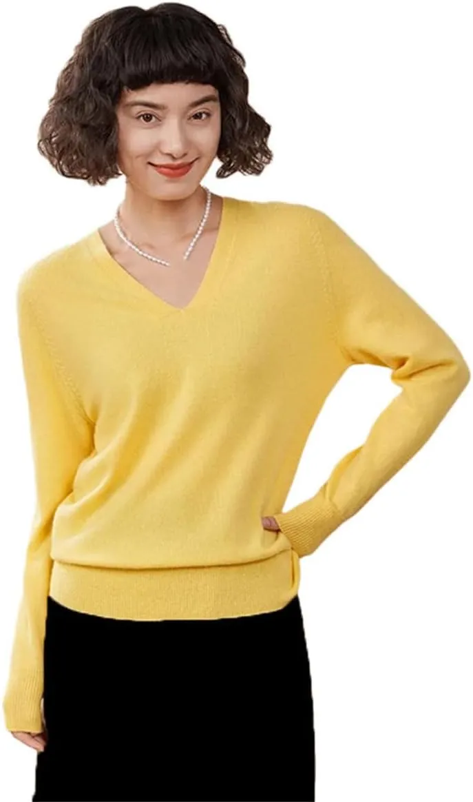 Women's Spring Winter Cashmere Sweater Casual Solid Knitted Sweater V-Neck Loose Tops