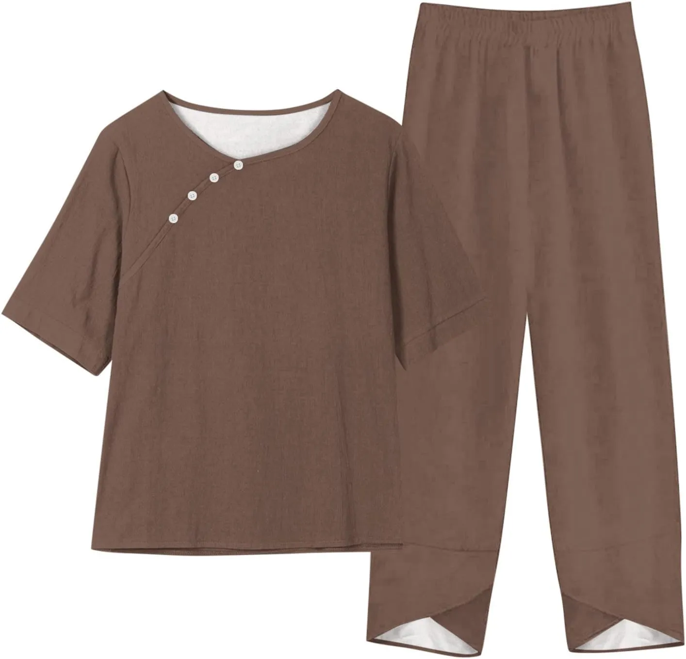 Womens Summer 2 Piece Outfits Cotton Linen Casual Half Sleeve Tops and Long Pants Loose Vacation Sets with Pockets