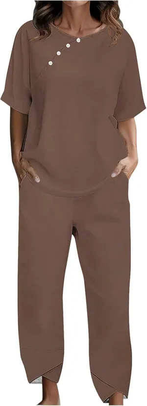 Womens Summer 2 Piece Outfits Cotton Linen Casual Half Sleeve Tops and Long Pants Loose Vacation Sets with Pockets