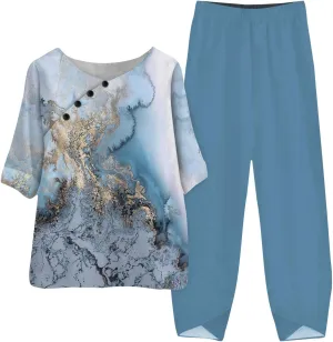 Womens Summer 2 Piece Outfits Crewneck Half Sleeve Two Piece Long Capris Pants Linen Lounge Sets with Pockets
