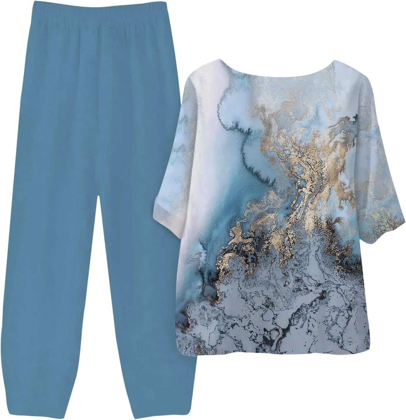 Womens Summer 2 Piece Outfits Crewneck Half Sleeve Two Piece Long Capris Pants Linen Lounge Sets with Pockets