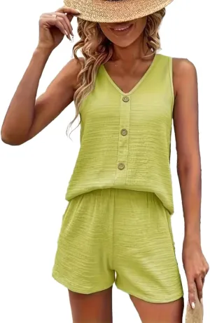 Women's Summer 2 Piece Outfits Linen Sleeveless V Neck Button Tank Tops Casual Shorts Lounge Sets, S-2XL