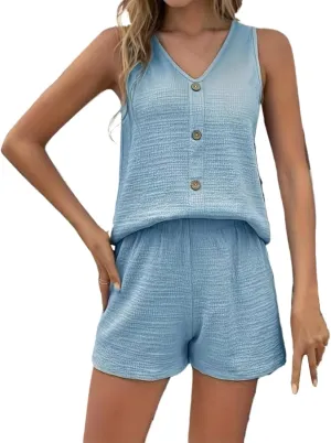 Women's Summer 2 Piece Outfits Linen Sleeveless V Neck Button Tank Tops Casual Shorts Lounge Sets, S-2XL