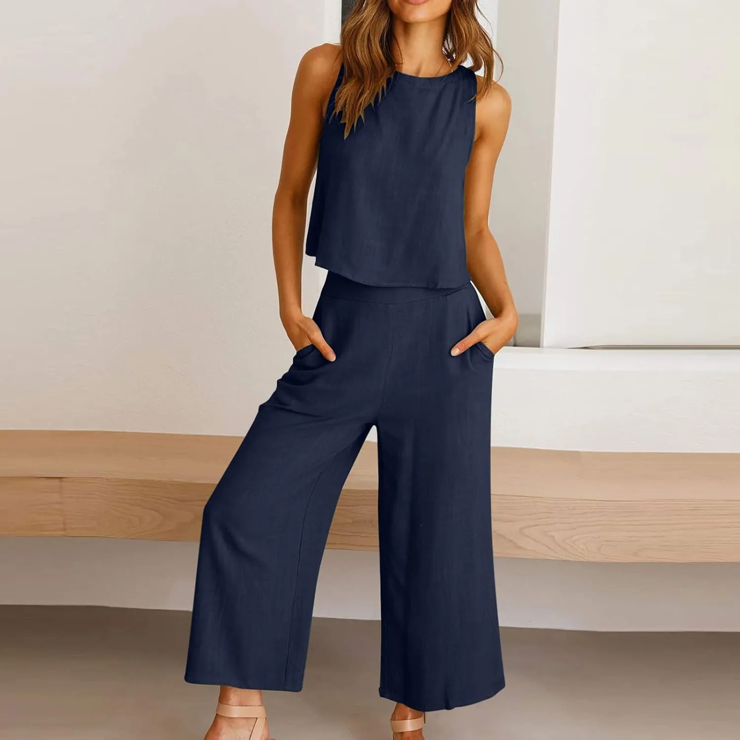 Womens Summer 2 Piece Outfits Sleeveless Tank Crop Top Capri Wide Leg Pants Linen Set Lounge Beach Travel Sets