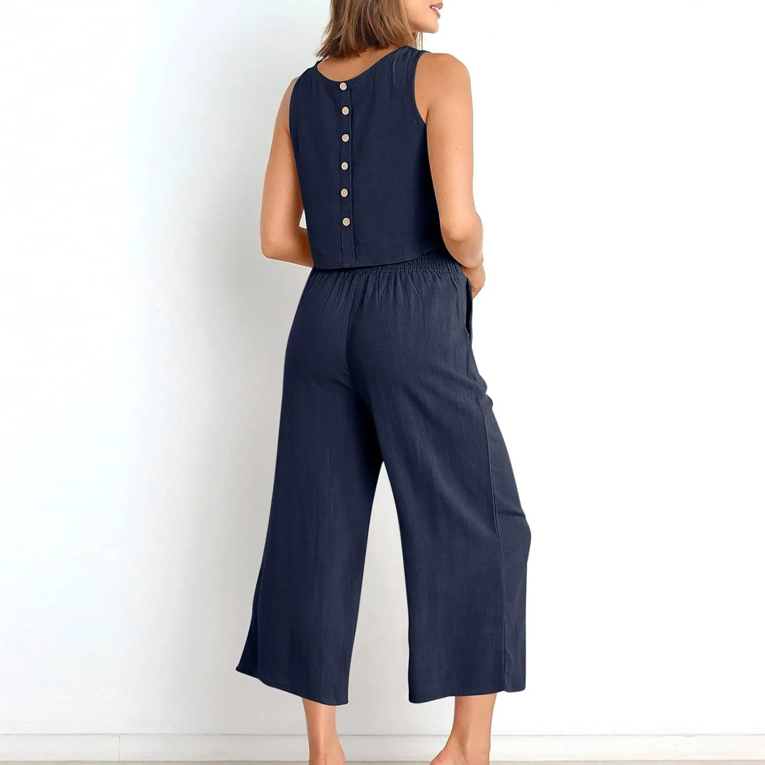 Womens Summer 2 Piece Outfits Sleeveless Tank Crop Top Capri Wide Leg Pants Linen Set Lounge Beach Travel Sets
