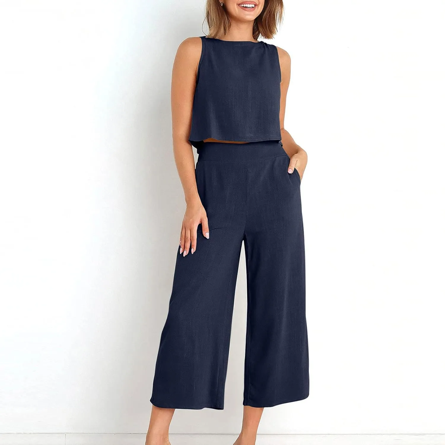 Womens Summer 2 Piece Outfits Sleeveless Tank Crop Top Capri Wide Leg Pants Linen Set Lounge Beach Travel Sets