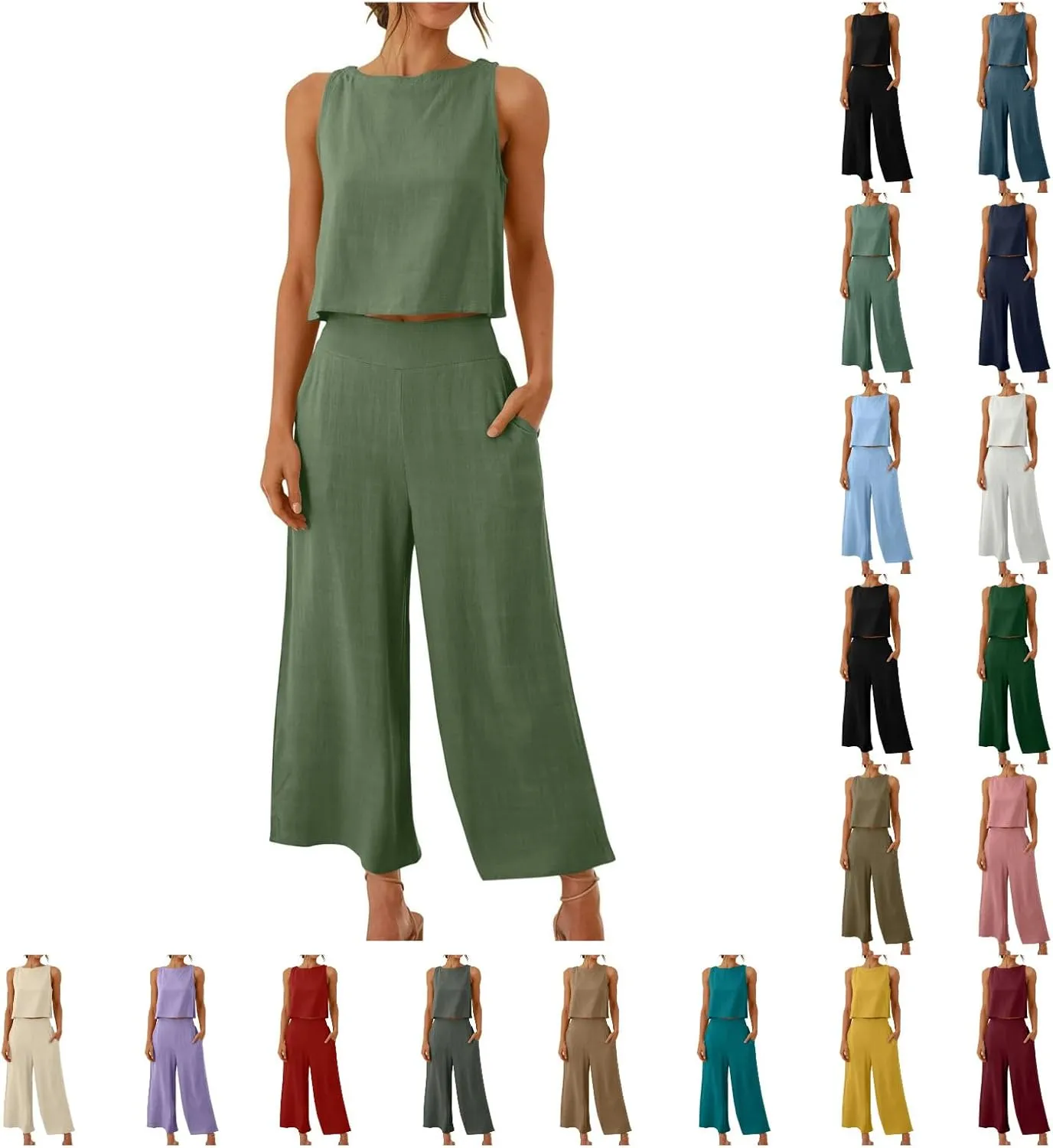 Womens Summer 2 Piece Outfits Sleeveless Tank Crop Top Capri Wide Leg Pants Linen Set Lounge Beach Travel Sets