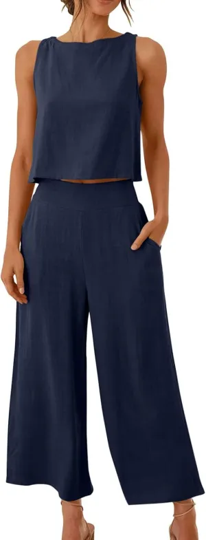 Womens Summer 2 Piece Outfits Sleeveless Tank Crop Top Capri Wide Leg Pants Linen Set Lounge Beach Travel Sets