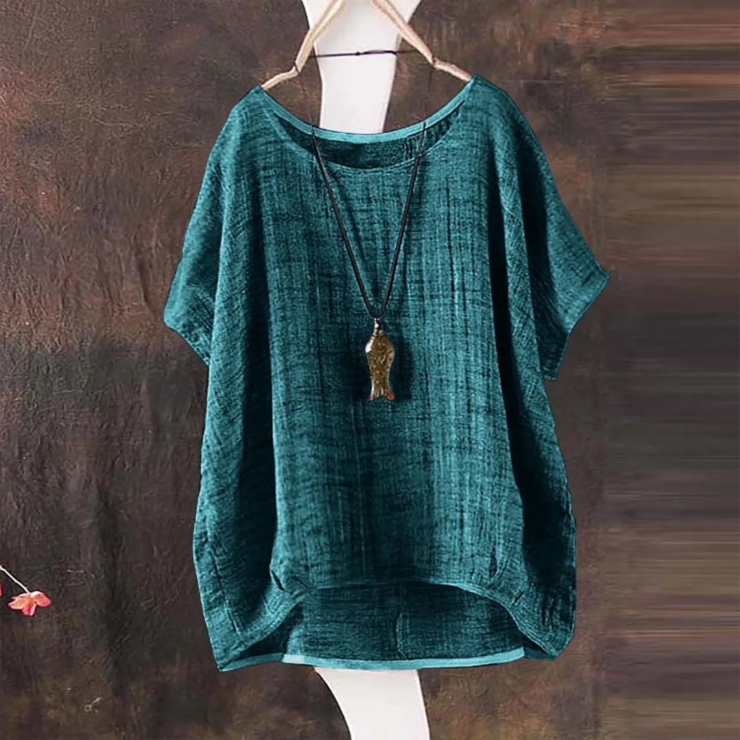 Women's Summer Cotton Linen Boho Floral Short Sleeve Tunic Tops Casual Comfy Womens Tops Oversized Business