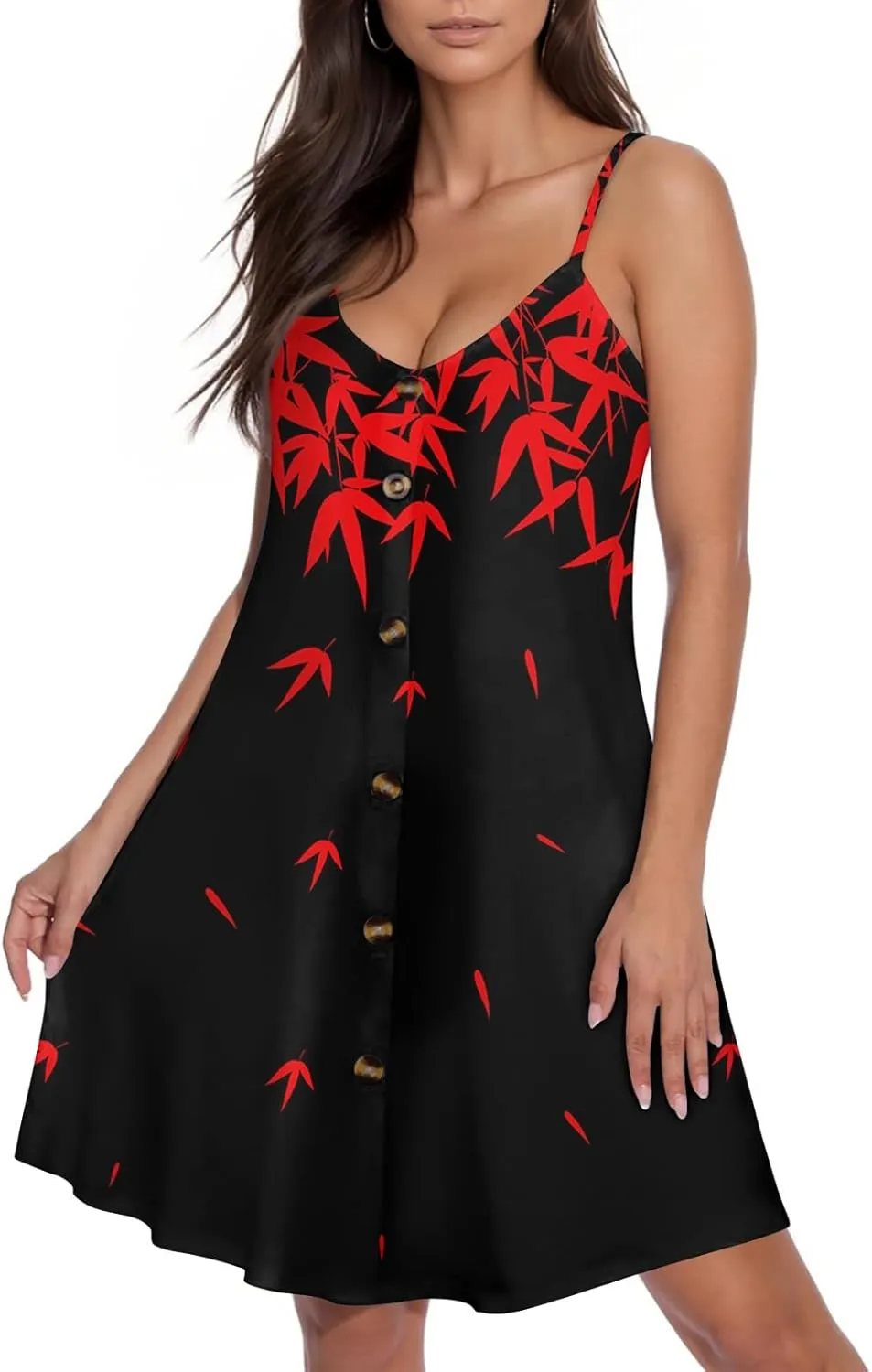 Womens Summer Dresses Floral Beach Mini Dress Button Flowy Sleeveless Beach Cover Up Spaghetti Strap Casual Sundresses