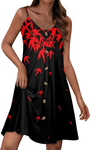 Womens Summer Dresses Floral Beach Mini Dress Button Flowy Sleeveless Beach Cover Up Spaghetti Strap Casual Sundresses