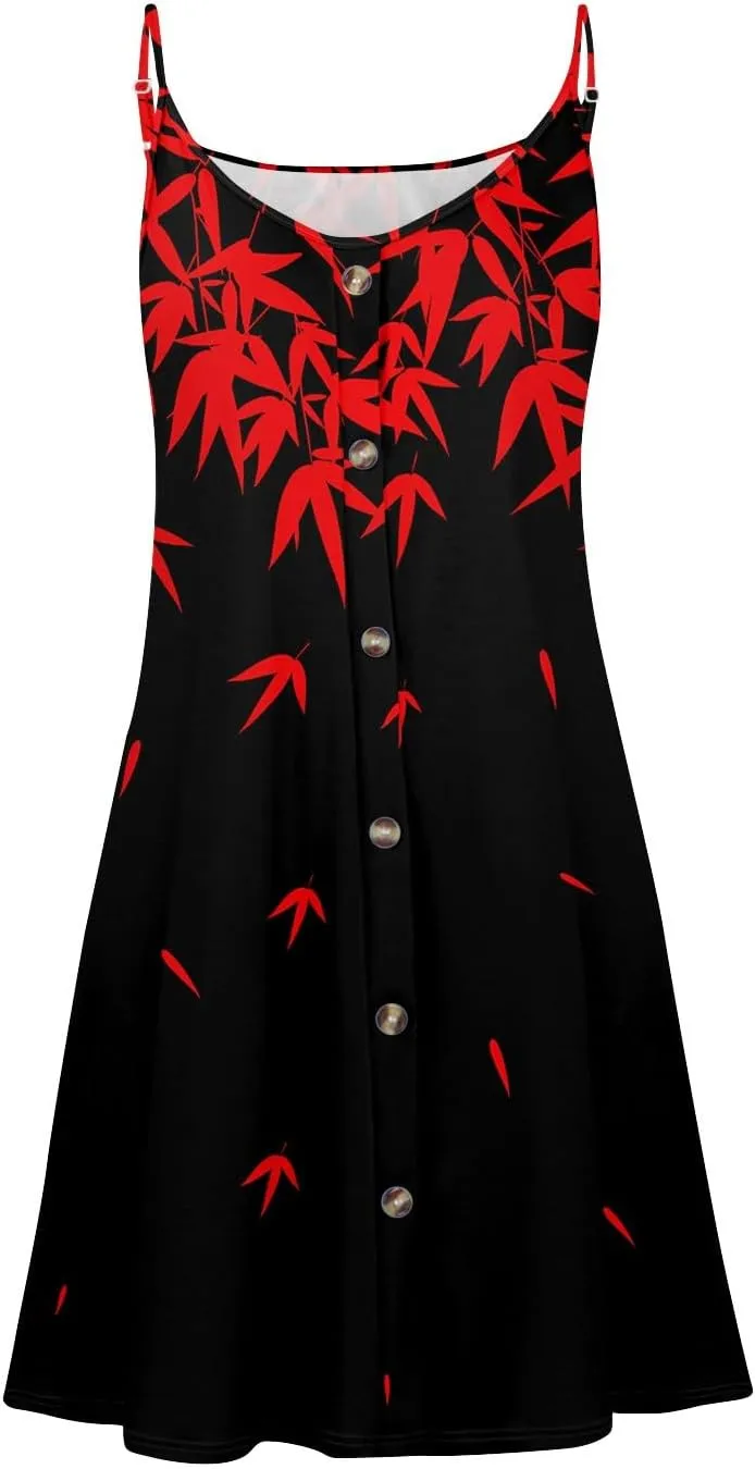 Womens Summer Dresses Floral Beach Mini Dress Button Flowy Sleeveless Beach Cover Up Spaghetti Strap Casual Sundresses