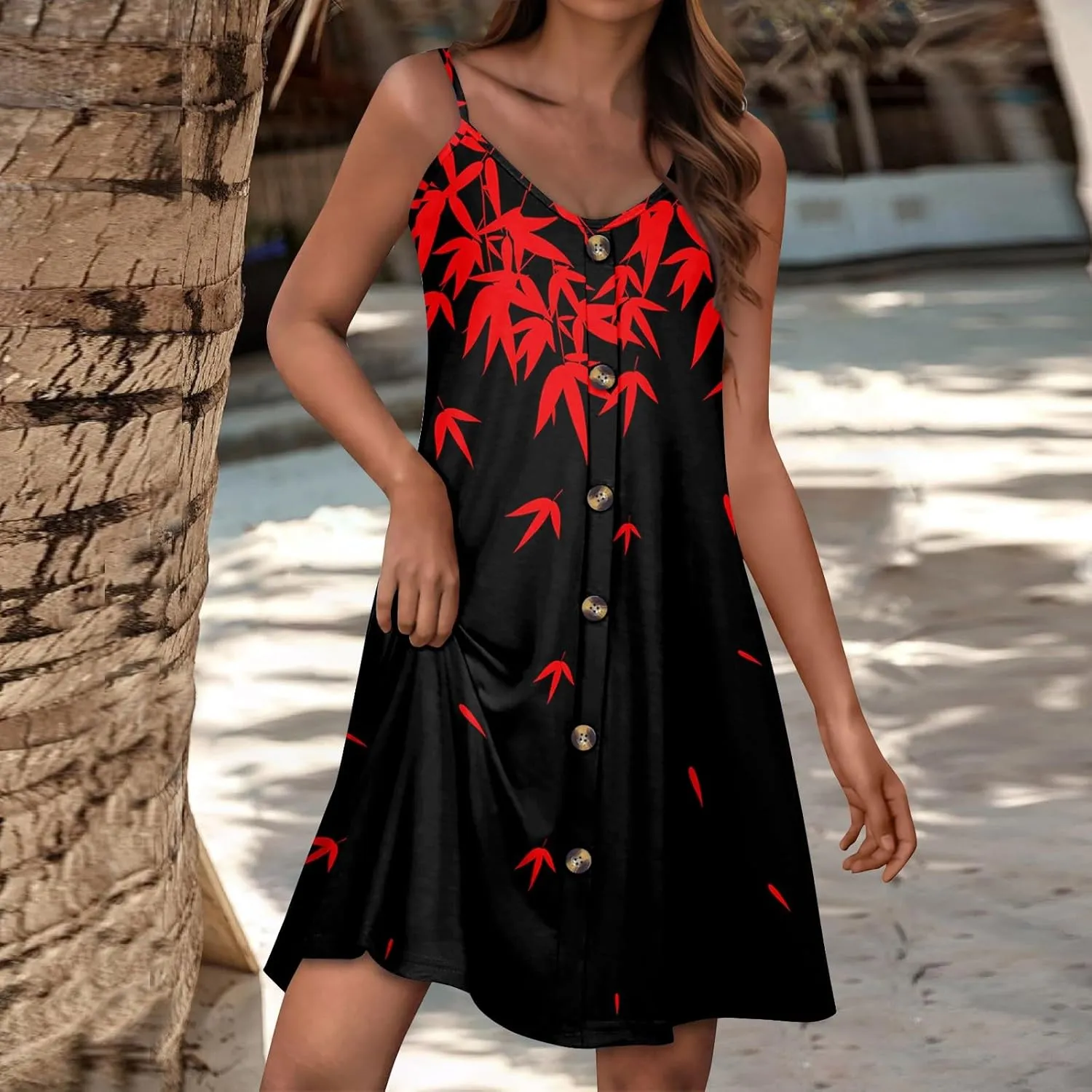 Womens Summer Dresses Floral Beach Mini Dress Button Flowy Sleeveless Beach Cover Up Spaghetti Strap Casual Sundresses