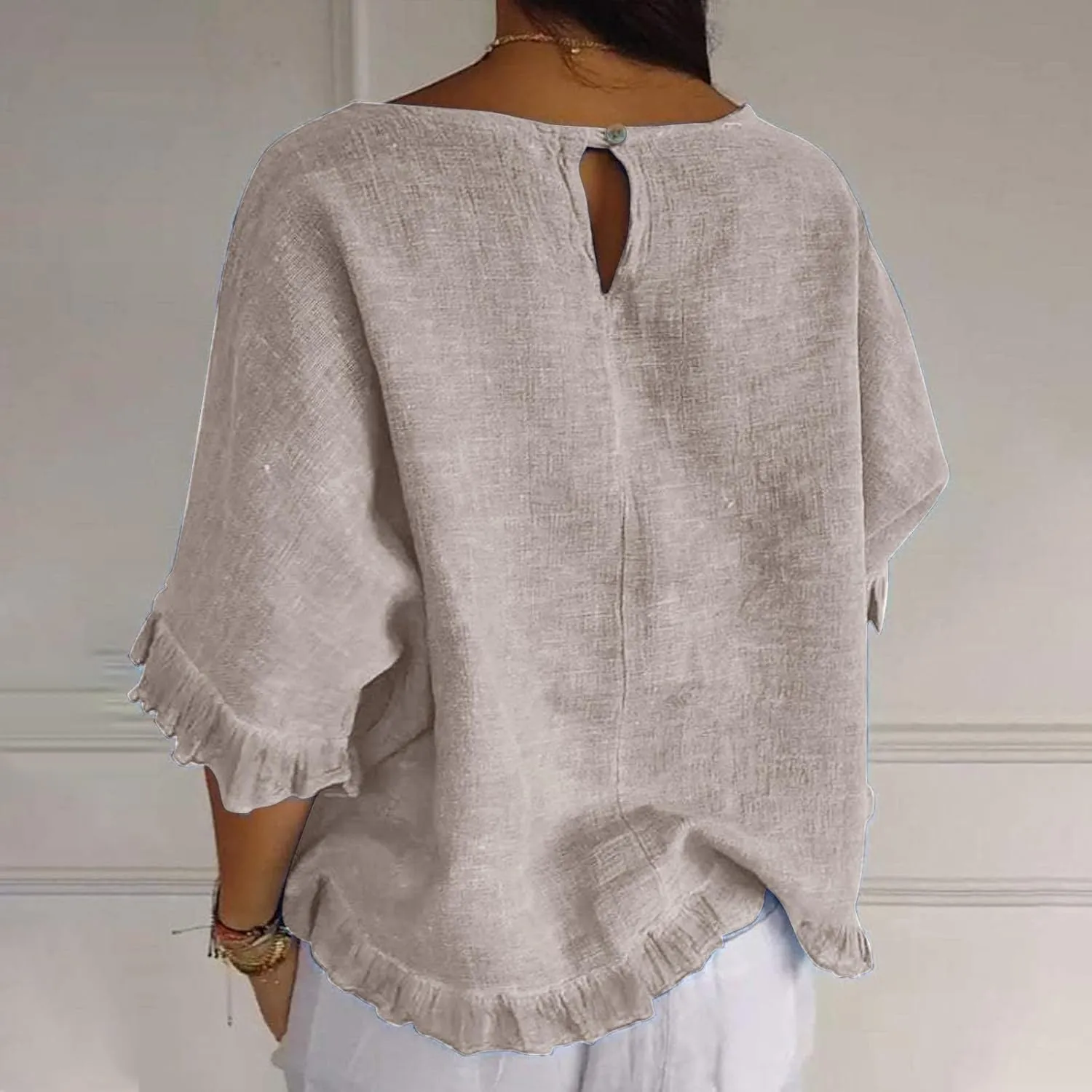 Womens Summer Linen Shirts Cute Ruffle Elbow Sleeve Cotton Tops Casual Crew Neck Plain Tshirt Loose Peasant Blouses