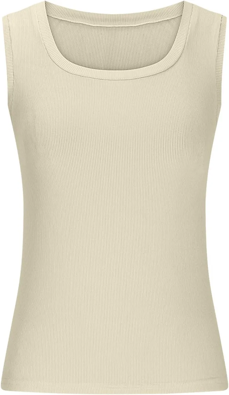 Women's Summer Ribbed Tank Tops Sleeveless Crew Neck Fitted Basic Cami Top Loose Fit Beach Vacation Outfit