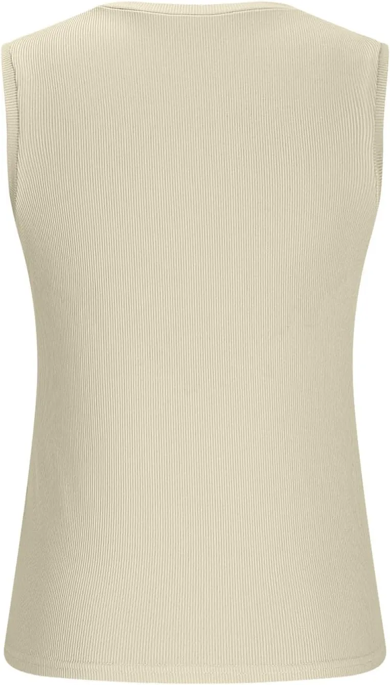 Women's Summer Ribbed Tank Tops Sleeveless Crew Neck Fitted Basic Cami Top Loose Fit Beach Vacation Outfit
