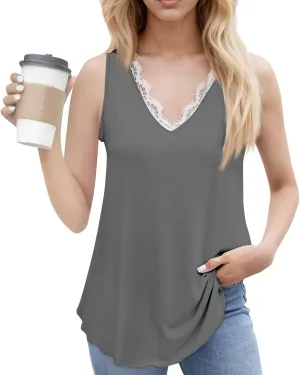 Womens Summer Tank Tops Loose Fit Lace V Neck Sleeveless Tunic Tops Dressy Casual Flowy Shirts