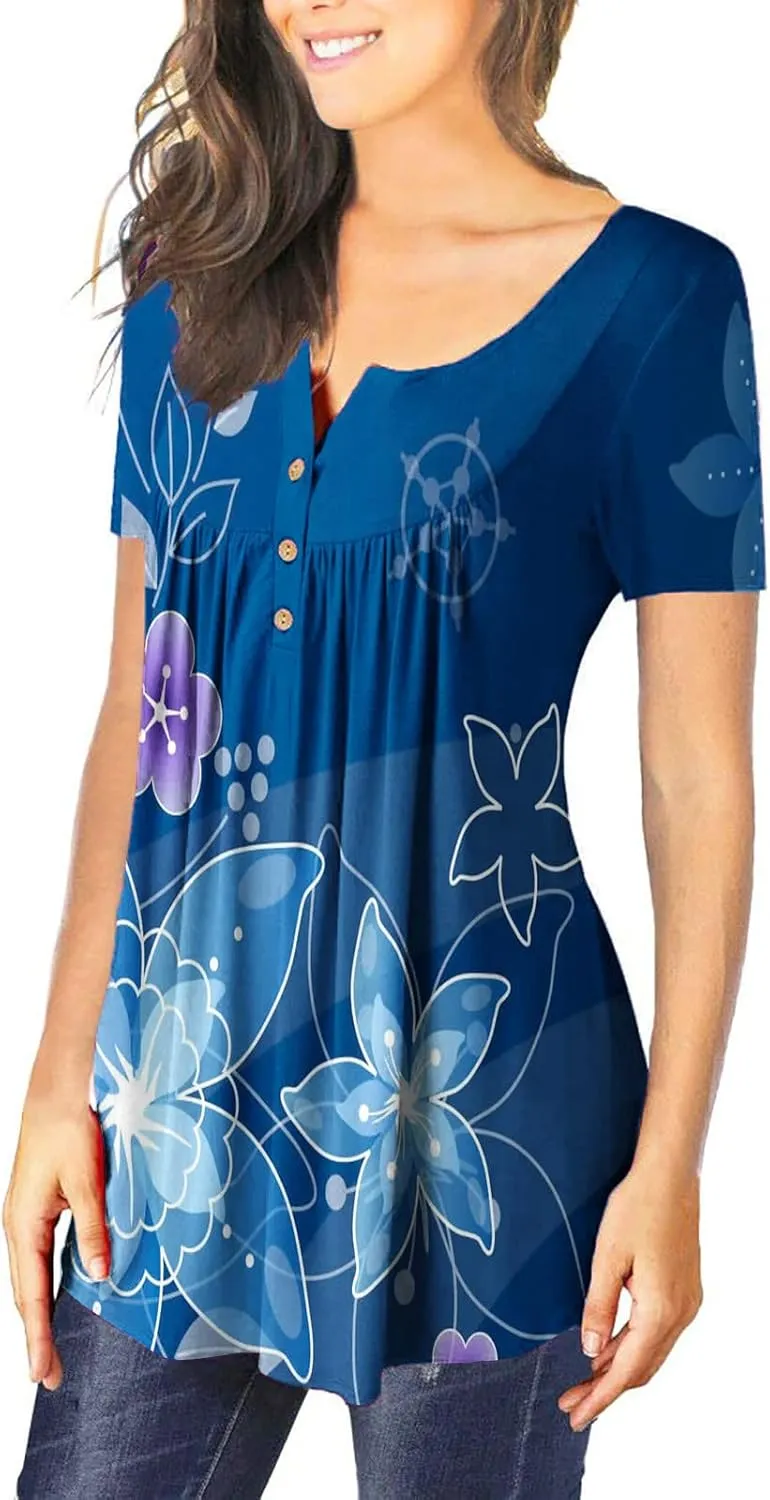 Womens Summer Tops Dressy Casual Short Sleeve V Neck T Shirts Trendy Cute Tees Loose Soft Floral Boho Tunic Blouses
