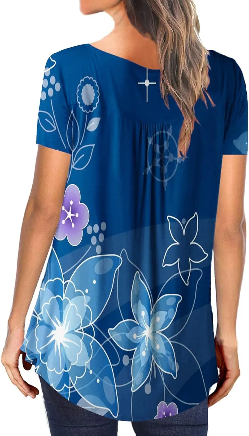 Womens Summer Tops Dressy Casual Short Sleeve V Neck T Shirts Trendy Cute Tees Loose Soft Floral Boho Tunic Blouses