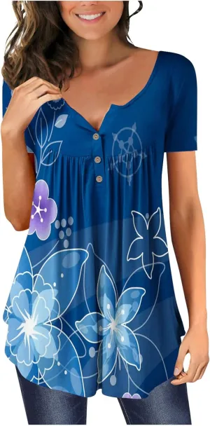 Womens Summer Tops Dressy Casual Short Sleeve V Neck T Shirts Trendy Cute Tees Loose Soft Floral Boho Tunic Blouses