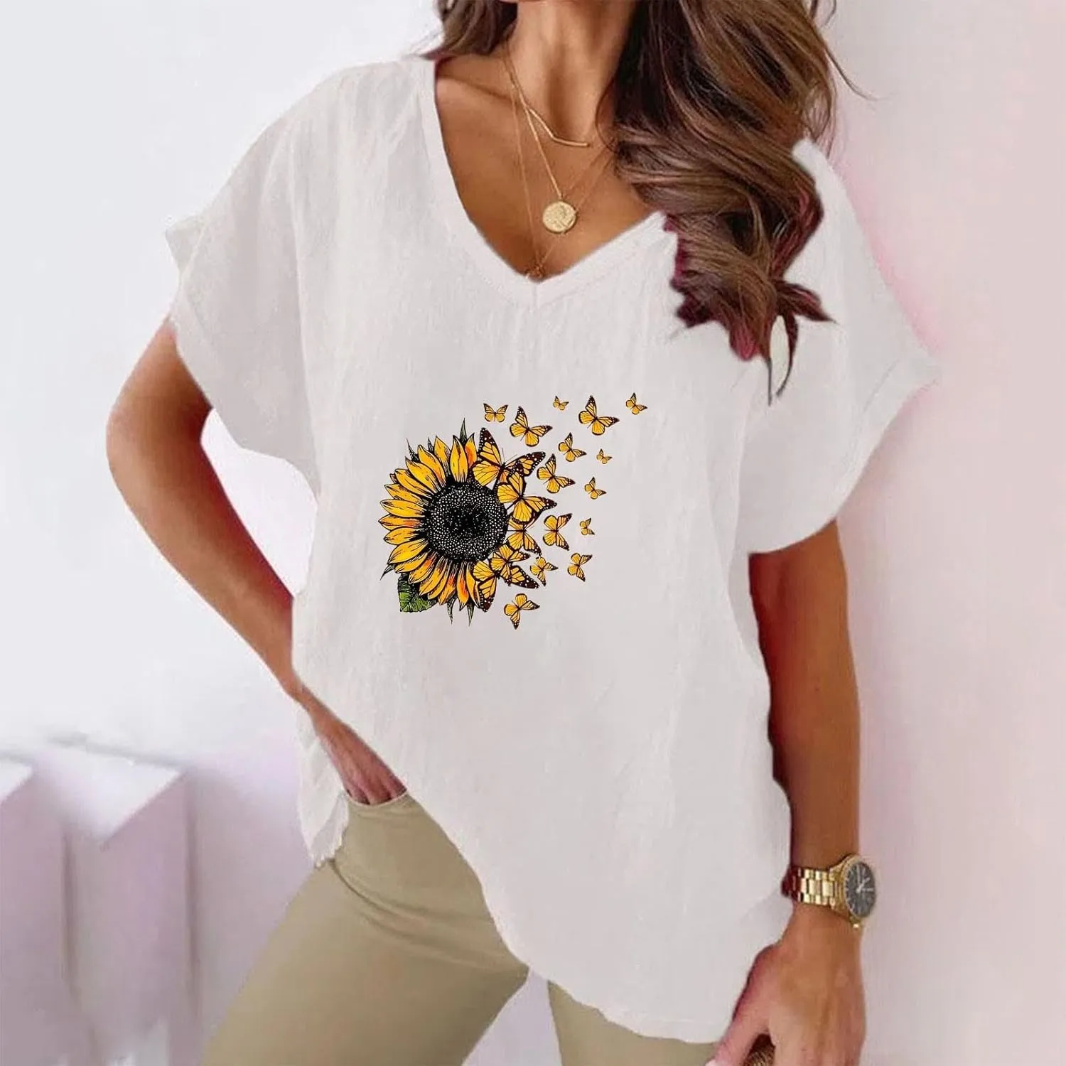 Women's Sunflower Gauze Tops 2024 Cotton Linen Summer Blouse Shirt Short Sleeve Tunic Tshirt Trendy Causal Clothing