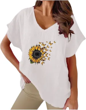 Women's Sunflower Gauze Tops 2024 Cotton Linen Summer Blouse Shirt Short Sleeve Tunic Tshirt Trendy Causal Clothing