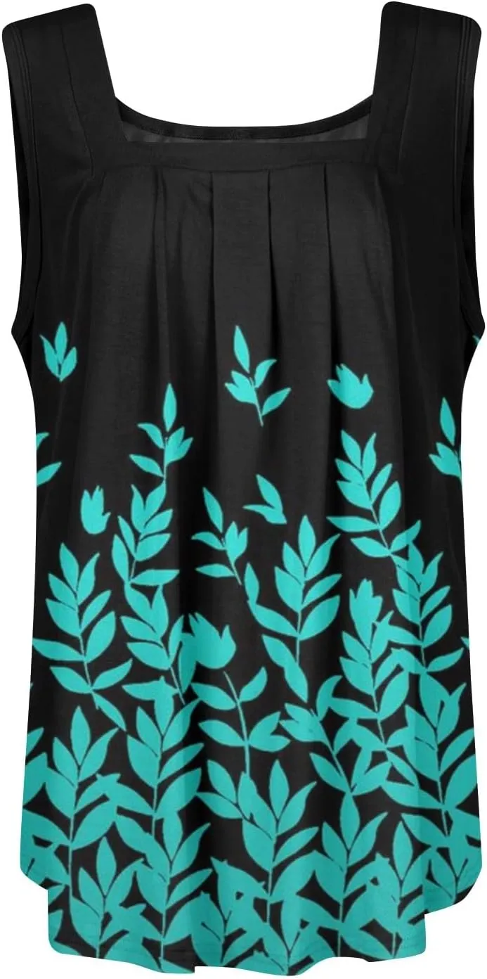 Womens Tops 2025 Square Neck Sleeveless Casual Tunic Tees Trendy Floral Print Loose Soft Comfy Summer Shirts